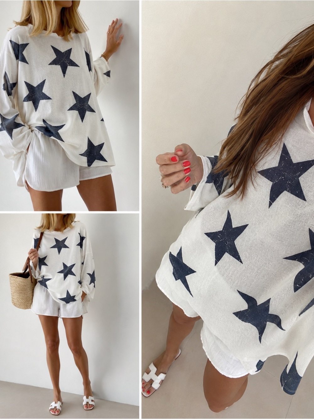 Altar'd State Star Print Long Sleeve Top Blue White Starry July 4th USA American